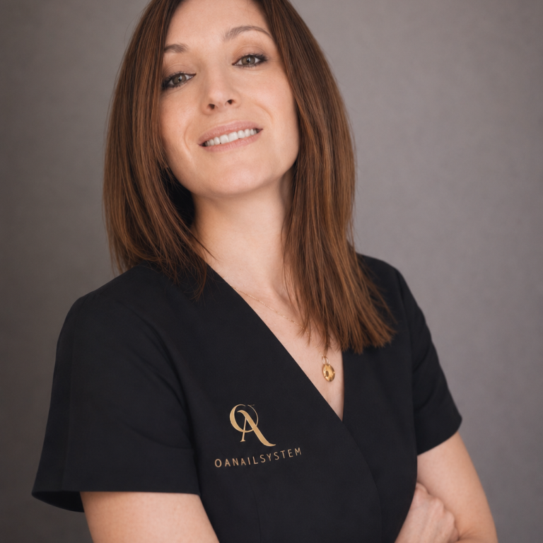 Femme souriante en veste rouge dans un cadre élégant de spa avec des décorations lumineuses.
